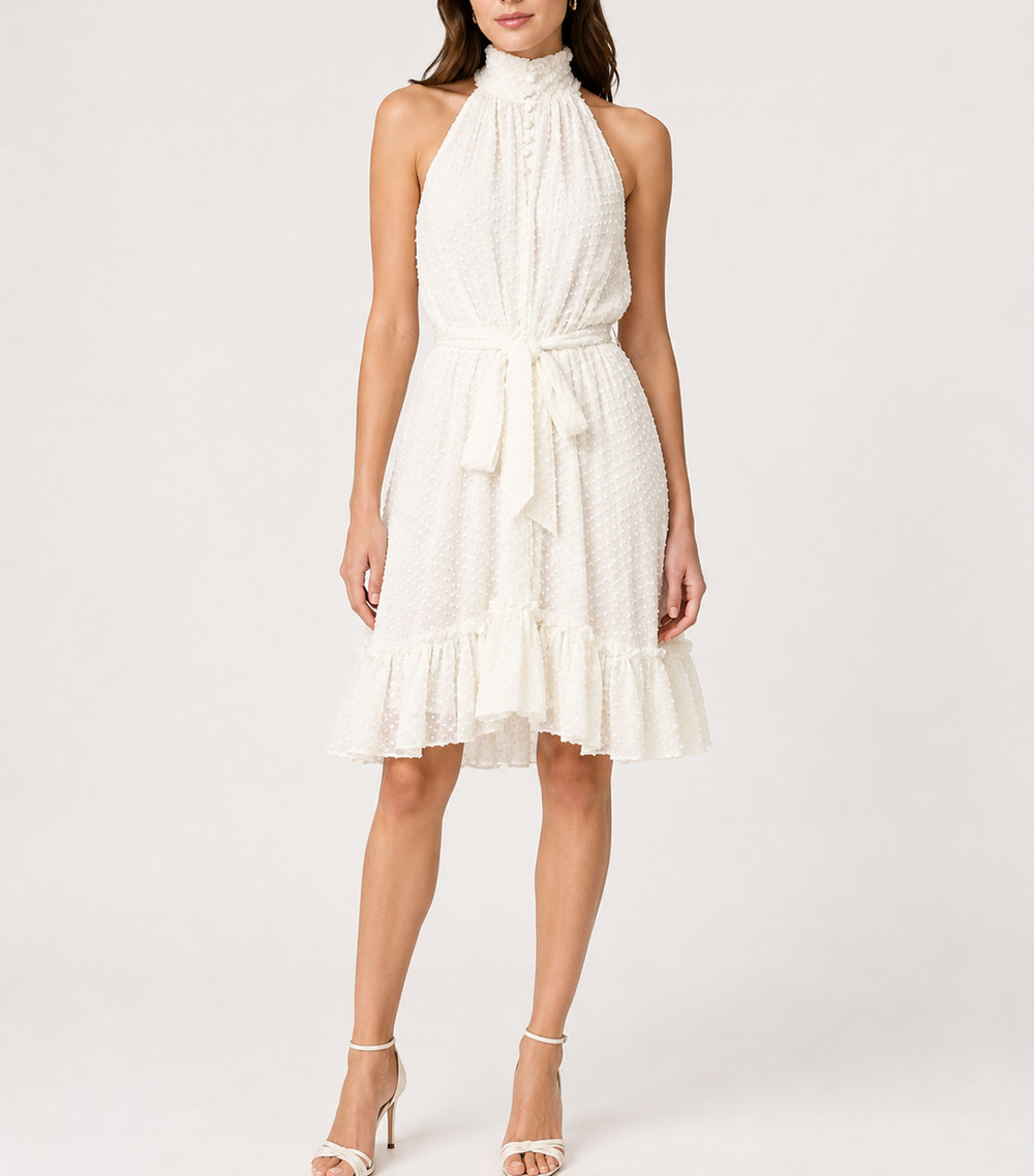 Zimmermann Fil Coupe Silk Chiffon Tiered Belted Halter Dress Ivory Size 1